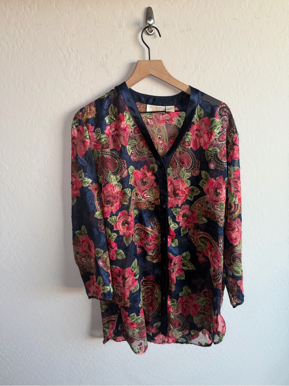 Vintage Gold Label Victoria Secret Floral Paisley Satin Navy Nightgown Y2K M/L